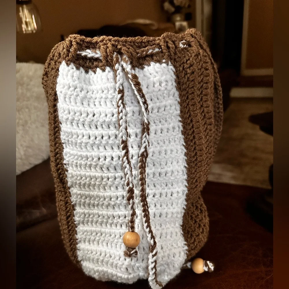Handcrafted bohemian style hobo hand knit crochet bucket handbag tote purse